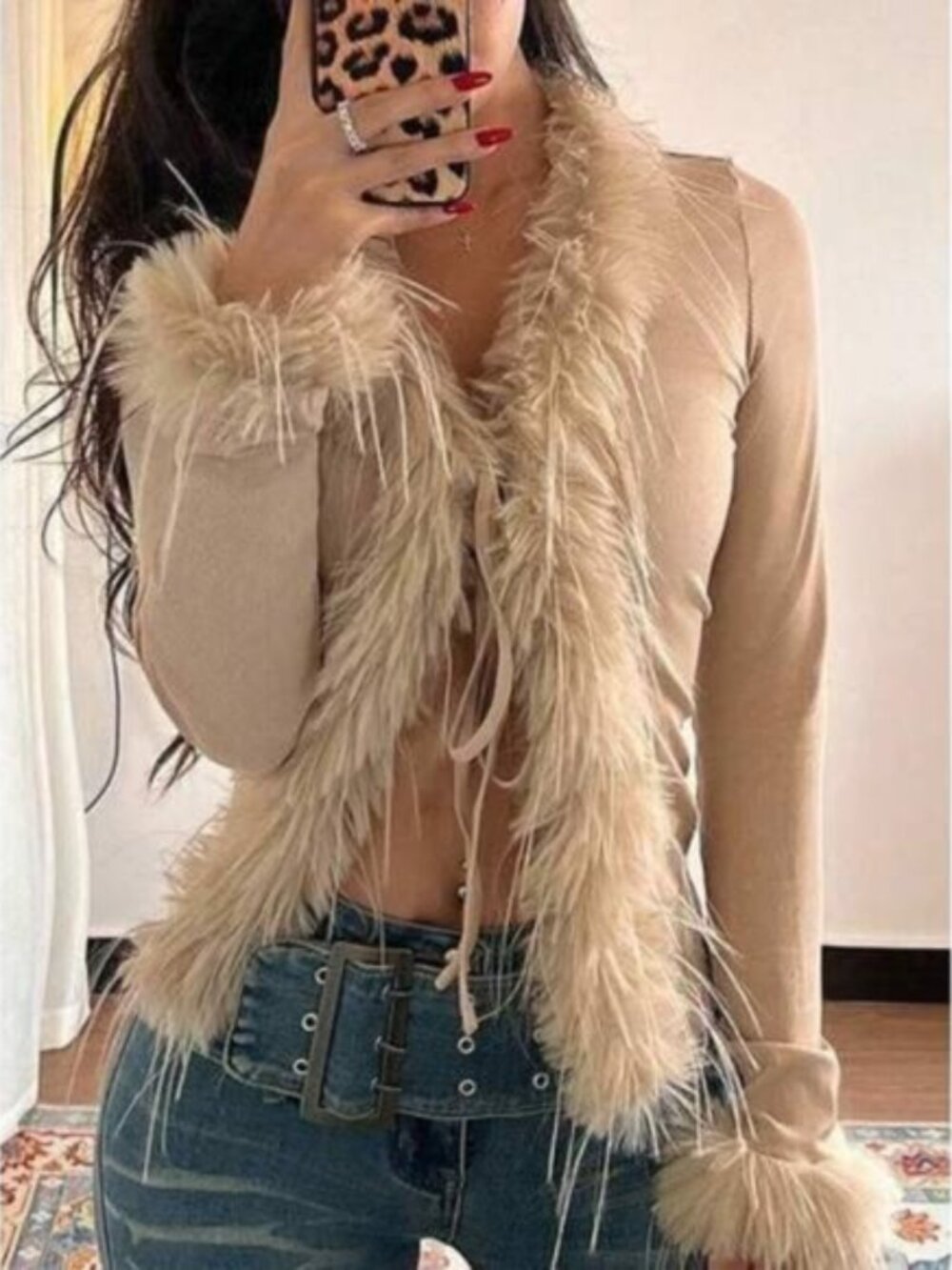 New Fringed V-Neck Knitted Cardigan, Khaki With Tie, Autumn/Winter Layering